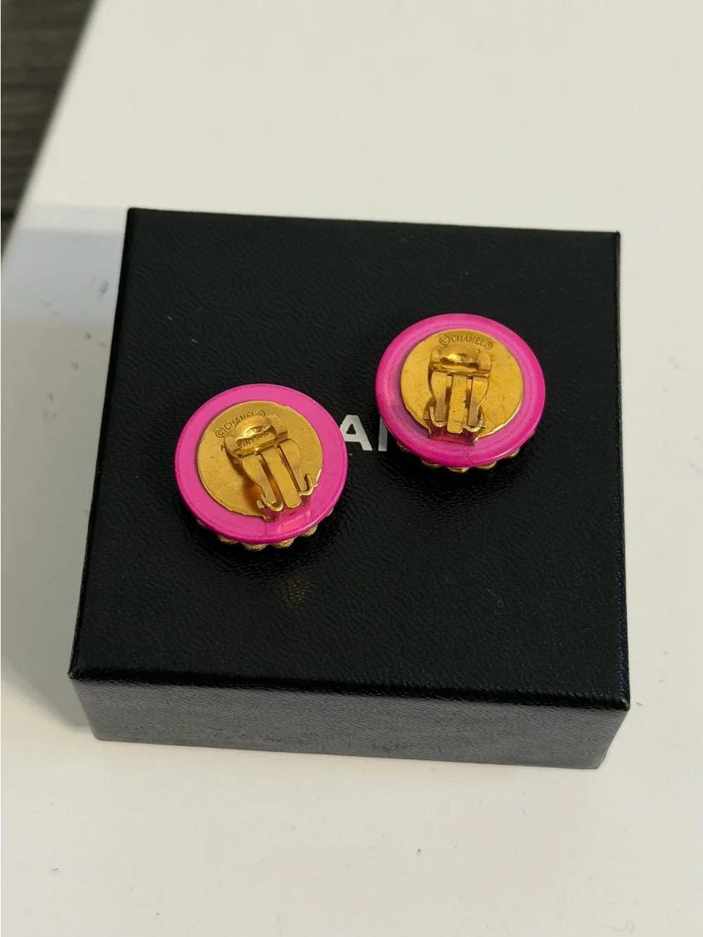 CHANEL Vintage Pink CC Gold Accent Clip On Stud Earrings